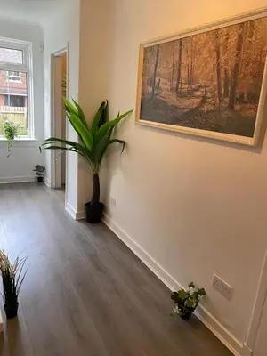 a living room with a plant and a painting on the wall at Culbin Lodge in Glasgow