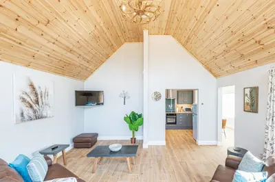 a living room with a wooden ceiling at Kestrel Lodge 3 with Hot Tub in Newton Stewart