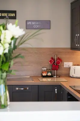 a kitchen with a counter top with a sink and a counter top at Kestrel Lodge 3 with Hot Tub in Newton Stewart