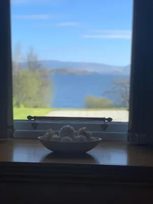 a bowl of fruit in front of a window at Lomond View in Luss