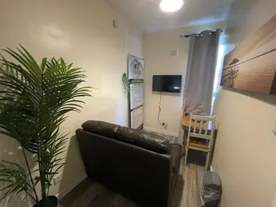 a living room with a leather couch and a plant at Earls Lodge in Whiteinch
