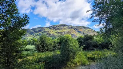 a mountain in the middle of a field with trees at Mid Cottage at Powis House Estate in Stirling