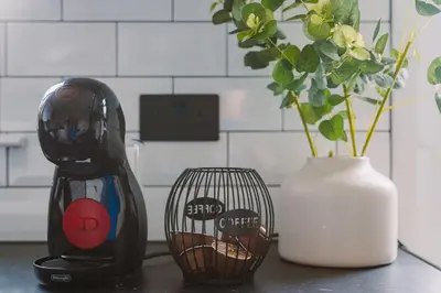 a kitchen counter with a black appliance and a vase with a plant at ComfySleep ApartHOUSE in Glasgow